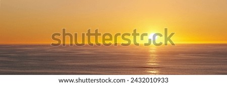Ocean, sunset and sun on horizon on tropical island and tourism destination for summer vacation in nature. Blue sky, clouds and golden sky on torrey pines beach, landscape and sunshine for salutation