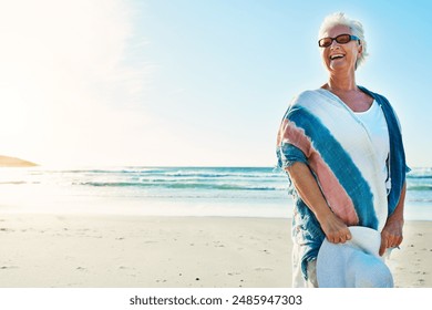 Ocean, travel and senior woman with smile for vacation, weekend holiday and adventure in Florida. Beach, elderly person and sunglasses for sunshine, peaceful and happiness in retirement by mockup - Powered by Shutterstock