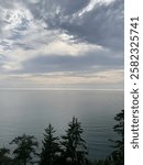 ocean with trees and clouds
