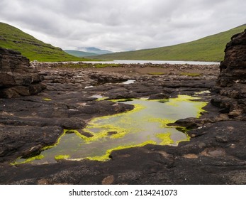 Ocean View Of Lake Sørvágsvatn Also Known As Lake Leitisvatn. The Island Of Vágar. Faroe Islands