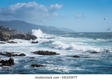 Ocean Wave By The Coast At Big Sur Highway 1 , Midday , California , USA