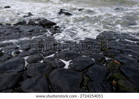 Ocean waves flowing over dark volcanic rocks on Dutch North Sea coast. Long exposure coastal seascape with white foam and mossy stones for maritime concepts.