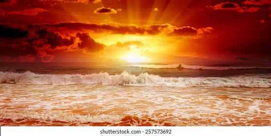 Ocean Waves And Sky Sunset                                  