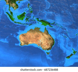 Oceania map - Australasia, Polynesia, Melanesia, Micronesia region. Detailed satellite view of the Earth and its landforms. Elements of this image furnished by NASA