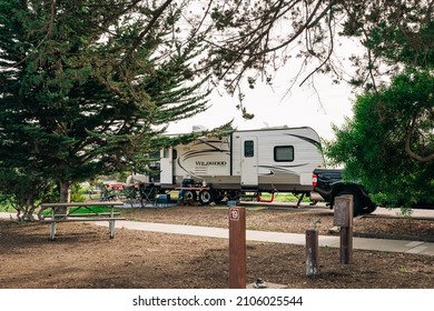 Oceano, California, USA - January 12, 2022. Oceano Campground For RV Camper Vehicles And Motorhomes, San Luis Obispo County, California Central Coast