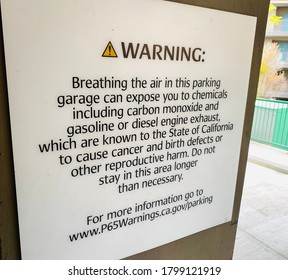 Oceanside, CA - August 3, 2020: Prop 65 Plaque Inside A Parking Garage Regarding Harmful Fumes.