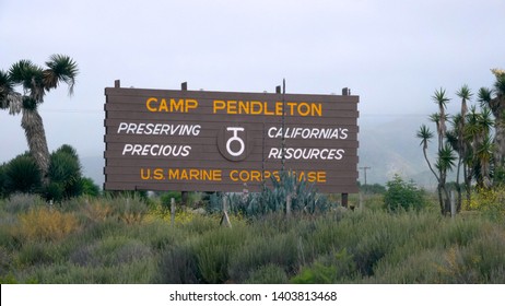 Oceanside, CA / USA - April 25, 2019: Sign For Marine Corps Base Camp Pendleton On The 5 Freeway                             