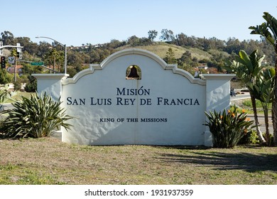Oceanside, California  USA - March 5, 2021: Entrance monument with bell Misión San Luis Rey de Francia King of the Missions