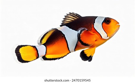 Ocellaris clownfish or anemone fish - Amphiprion ocellaris -  yellow, orange, or a reddish or blackish color, and many show white bars or patches. popular in aquariums, isolated on white background - Powered by Shutterstock