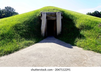 Ocmulgee Mounds National Historical Park in Macon, Georgia preserves  earthworks built by South Appalachian Mississippian culture. Entrance to circular earth lodge built for meetings and ceremonies.