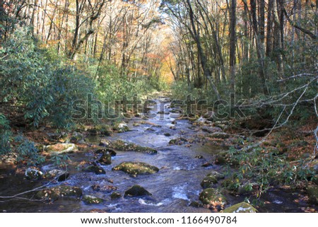 Oconaluftee River at Tow String hiking trail bridge crossing near south entrance to Smoky Mountain National Park, North Carolina in autumn.