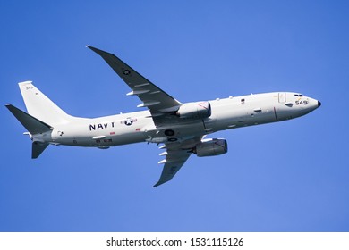 Oct 12, 2019 San Francisco / CA / USA - Close Up Of Boeing P-8 Poseidon US Navy Aircraft In Mid-flight; San Francisco Fleet Week Airshow; 