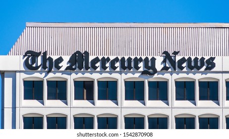 Oct 20, 2019 San Jose / CA / USA - The Mercury News Logo On The Facade Of The Newspaper's Headquarters; The Mercury News Is A Morning Daily Newspaper Published In San Jose, Silicon Valley