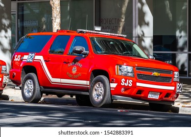 Oct 20, 2019 San Jose / CA / USA - San Jose Fire Department (SJS) Vehicle Stationed In The Downtown Area