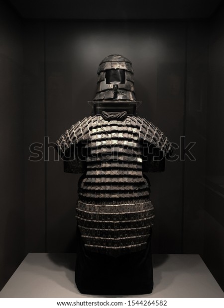 OCT 24, 2019 Bangkok,\
Thailand - Stoned war suit from Qin Shi Huang tomb mausoleum\
Terracotta Army museum in Xian, China was exhibited in Bangkok  at\
National museum