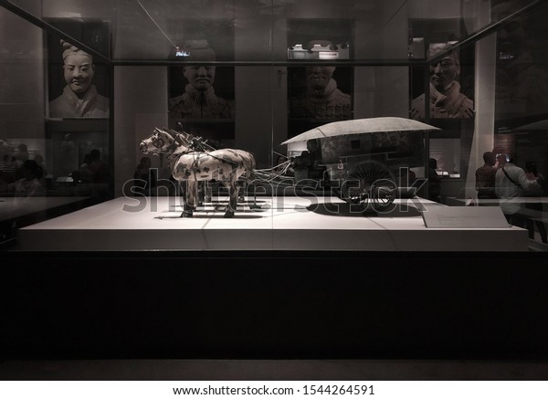 OCT 24, 2019 Bangkok,\
Thailand - War horse carriage from Qin Shi Huang tomb mausoleum\
Terracotta Army museum in Xian, China was exhibited in Bangkok  at\
National museum