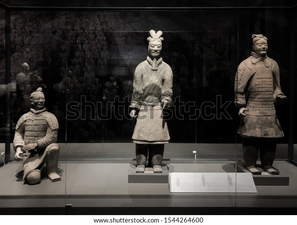 OCT 24, 2019\
Bangkok, Thailand - Soldier and warrior figures from Qin Shi Huang\
tomb mausoleum Terracotta Army museum in Xian, China was exhibited\
in Bangkok  at National\
museum
