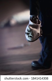 OCT 25 2020: Halloween slasher Michael Myers holding the boogeyman mask  - Neca action figure
