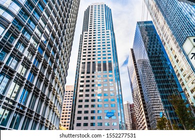 Oct 26, 2019 San Francisco / CA / USA - Salesforce West Tower Displaying The Company's Logo, Surrounded By Salesforce Tower On The Left And Salesforce East And Millennium Towers On The Right;