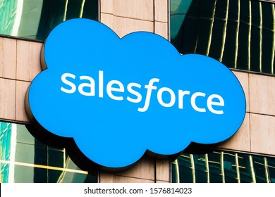 Oct 26, 2019 San Francisco / CA / USA - Close up of Salesforce logo displayed on one of their towers in SoMa district, downtown San Francisco
