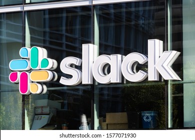 Oct 26, 2019 San Francisco / USA - Slack Technologies, Inc. Sign At Their HQ In SOMA District; Slack (its Main Product) Is A Cloud-based Set Of Collaboration Software Tools And Online Services