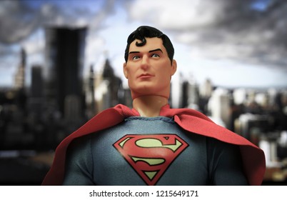OCT 27 2018:  Portrait of Superman with Metropolis in the distance - DC Comics - Mego action figure