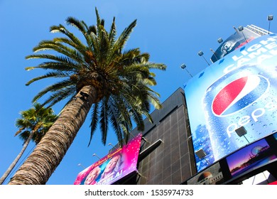 Oct 4th 2019. Los Angeles, California. Billboards And Palm Trees On Sunset Boulevard, West Hollywood.