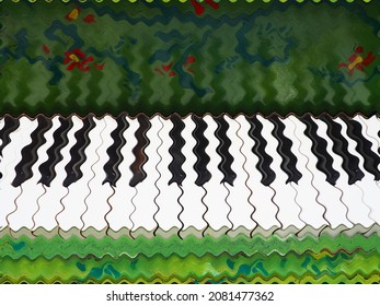 Octaves, White And Black Keys On A Piano Or Grand Piano. Green Deck. Musical Theme. Keyboard Stringed Musical Instrument With Percussion Hammer Method Of Sound Production. Abstract Waves