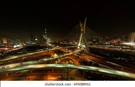 The Octavio Frias de Oliveira bridge or Ponte Estaiada cable stayed suspension bridge built over the Pinheiros River in the city of Sao Paulo, Brazil, night