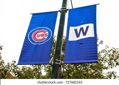 October 10, 2016 - Chicago Cubs And Fly The W Signs Around Wrigleyville, Chicago, Ilinois