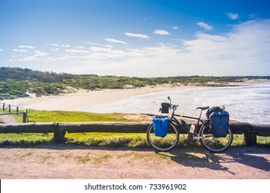 OCTOBER 11, 2017: Bicycle Touring at Playa la Moza, Santa Teresa National Park, Rocha - Uruguay.