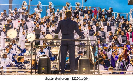 OCTOBER 12, 2018, PARIS TEXAS, USA  - Wildcat Marching Band At High School Football Game  - Paris Wildcats Win Over Celina Bobcats 54-7 In High School Football Game