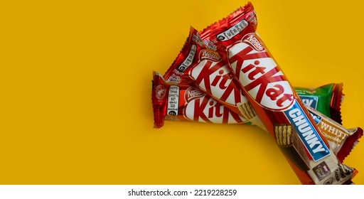 October 12, 2022 Ukraine City Kyiv Chocolate Bar Kit Kat On A Colored Background