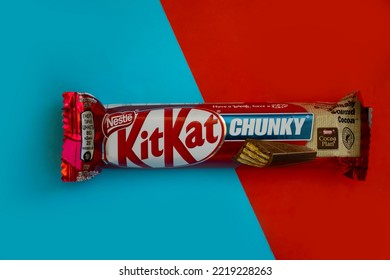 October 12, 2022 Ukraine City Kyiv Chocolate Bar Kit Kat On A Colored Background