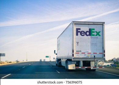 October 15, 2017 Stockton/CA/USA - FedEx Ground Truck Driving On The Freeway On A Sunny Sunday Morning