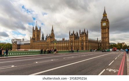 October 20, 2014: Panorama of the Houses of Parliament from Westminster Bridge, over the River Thames, in London, England, United Kingdom