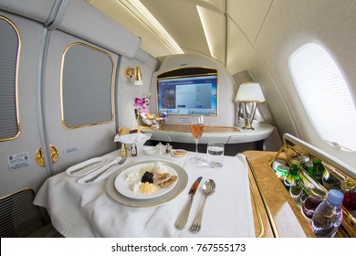OCTOBER 20, 2017: image of a appetiser and a glass of champagne on Emirates First Class. 