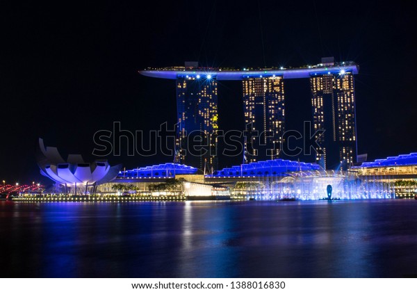 October 20, 2018-Singapore, Singapore : The Marina
Bay Sands with cool blue lights at the night. Marina Bay sands on
during the night