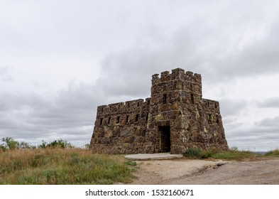 October, 2019- The Castle In Coronado Heights Park Sits High On A Hill Under A Cloudy Sky Outside Of Lindsborg, Kansas.