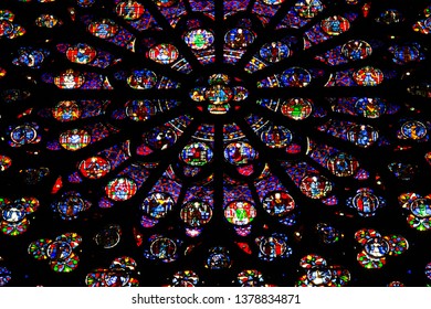October 21, 2011. (Paris) - Interior background - The closed up image of the famous Rose Window with beautiful stained glass inside the Cathedral of Notre Dame de Paris, France.