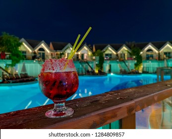 Konaklı/Turkey - October 23, 2018: Cocktail On The Railing On A Warm Evening Near The Pool Of Villas