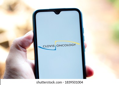 October 23, 2020, Brazil. In this photo illustration the Clovis Oncology logo seen displayed on a smartphone