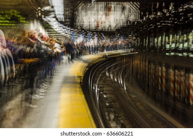 OCTOBER 24, 2016 - Impressionist Blurred View Of Subway Riders In NYC Subway Train System, Waiting For Train - Special Effect