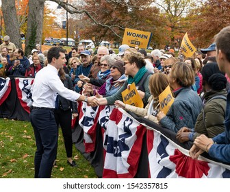 October 25, 2019 at campaign town hall meeting at the University of New Hampshire in Durham, New Hampshire: Mayor Pete Buttigieg shaking people hands after campaign speech.