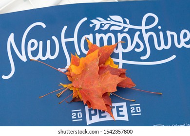 October 25, 2019,  University Of New Hampshire In Durham, New Hampshire: A Blue Sign Of New Hampshire Supporters Of Democrat Candidat Pete Buttigieg 