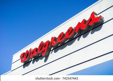 October 26, 2017 Sunnyvale/California - Walgreens logo above the pharmacy entrance