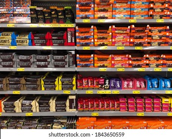 October 28, 2020. São Paulo, SP, Brazil. A Shelf Full Of Desserts And Chocolates, Of Brazilian Brands In A Supermarket.