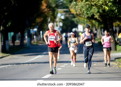 October 3, 2021 Bila Tserkva, Ukraine Marathon Race, Running Old Man At Marathon Competition