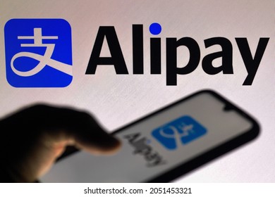 October 3, 2021, Brazil. In this photo illustration the Alipay logo seen displayed on a smartphone