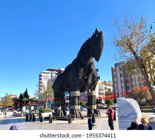 October 31st 2020, Canakkale - Turkey Historical Trojan Horse Made Up Of Wood Left From The Movie Troy In Front Of Flags